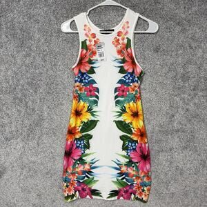 Derek Heart Bodycon Dress Medium White Y2K Hibiscus Tropical Floral Beachy NWT